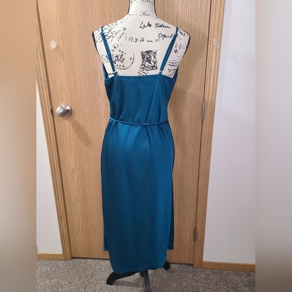 Tsher Teal Satin Cowl Neck Draped Satin Belted Cocktail Formal Bridesmaid Dress - Picture 2 of 3